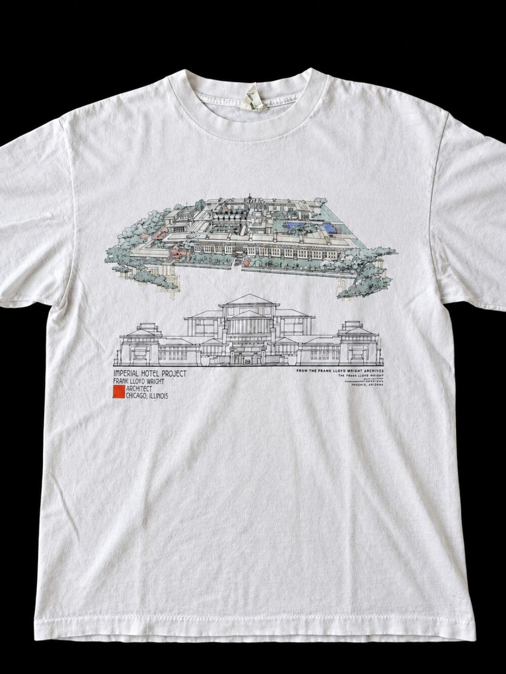 Vintage 90s Frank Lloyd Wright Tokyo Hotel 1917 Architecture T-Shirt L USA FIDM